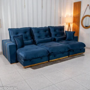 Sofá Retrátil Reclinável Mônaco 3.20m Veludo Azul A16 - Molas Ensacadas