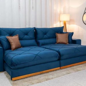 Sofá Retrátil Reclinável Gran Bello 2.90m Veludo Azul - Molas Ensacadas
