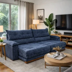 Sofá Retrátil Reclinável Itauna 2.90m Chenille Azul 575 - Molas Ensacadas