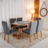 Mesa de Jantar Dubai Tampo Londres Cinamomo 160x80 6 Cadeiras Genova Veludo Cinza 507 Madeira Maciça
