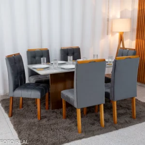 Mesa de Jantar Moscou 160x80 Vidro Off/Base Cinamomo + 6 Cad. Londres Veludo Chumbo Madeira Minas Plac