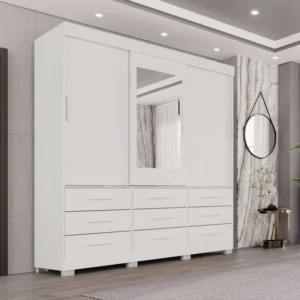 Guarda-Roupa Casal New Star 3 Portas 9 Gavetas Branco c/ 1 Espelho c/Pés Larg. 1.80m - Sallêto