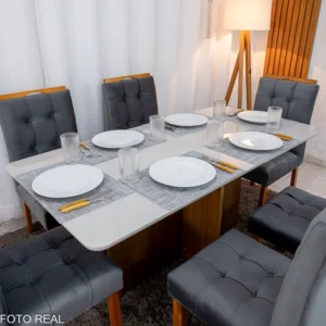 Alternative view of Mesa de Jantar Moscou 160x80 Vidro Off/Base Cinamomo + 6 Cad. Londres Veludo Chumbo Madeira Minas Plac