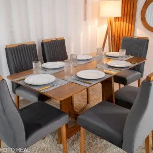 Alternative view of Mesa de Jantar Dubai Tampo Londres Cinamomo 160x80 6 Cadeiras Genova Veludo Cinza 507 Madeira Maciça