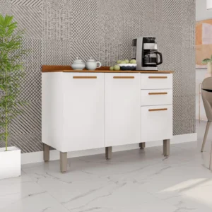 Balcão para Cozinha New Valência Branco/Cinamomo 3 Portas 2 Gavetas Larg. 1.20m - Sallêto