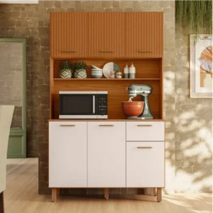 Kit Cozinha New Lívia Freijó/Off 6 Portas 1 Gaveta Com Detalhe Ripado 3D Larg. 1.10m - Poliman