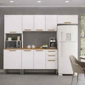 Torre Quente Cozinha New Valência + Balcão 1.20m + Aéreo Triplo 3 Portas 1.20m + Armário de geladeira New Valência Branco/Cinamomo - Sallêto