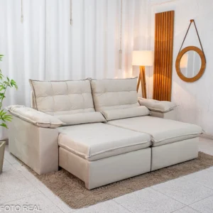 Sofá Retrátil Reclinável Emanuelly 2.30m Veludo Bege 01