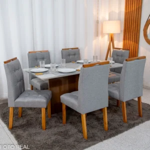 Mesa de Jantar Moscou 160x80 Vidro Off/Base Cinamomo + 6 Cad. Londres Linho Cinza Madeira Minas Plac