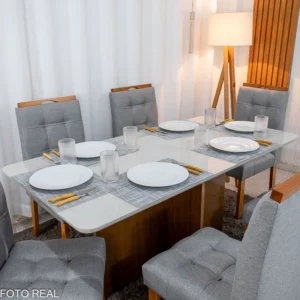 Alternative view of Mesa de Jantar Moscou 160x80 Vidro Off/Base Cinamomo + 6 Cad. Londres Linho Cinza Madeira Minas Plac