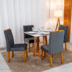 Mesa de Jantar Bali 90×90 Vidro Off/Base Madeira + 4 Cad. Londres Veludo Chumbo Madeira Minas Plac