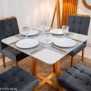 Alternative view of Mesa de Jantar Bali 90×90 Vidro Off/Base Madeira + 4 Cad. Londres Veludo Chumbo Madeira Minas Plac