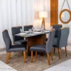 Mesa de Jantar Moscou 160x80 Vidro Preto/Base Cinamomo - Minas Plac + 6 Cad. Genova Veludo Cinza 507 Madeira Art Assentos