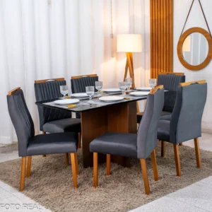Mesa de Jantar Moscou 160x80 Vidro Preto/Base Cinamomo - Minas Plac + 6 Cad. Genova Veludo Cinza 507 Madeira Art Assentos