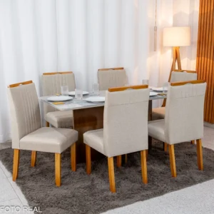 Mesa de Jantar Moscou 160x80 Vidro Off/Base Cinamomo + 6 Cad. Atlanta Linho Bege Cru Madeira Minas Plac