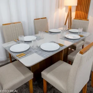 Alternative view of Mesa de Jantar Moscou 160x80 Vidro Off/Base Cinamomo + 6 Cad. Atlanta Linho Bege Cru Madeira Minas Plac