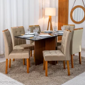 Mesa de Jantar Moscou 160x80 Vidro Preto/Base Cinamomo + 6 Cad. Londres Veludo Avelã Madeira Minas Plac