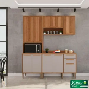 Torre Quente Flórida + Balcão Flórida 1.20m + Armário Aéreo Florida Ripado 1.20m Cinamomo/Off Sallêto