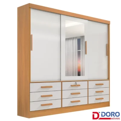 Guarda-roupa Casal Meridian Plus Cinamomo/Off 3 Portas 9 Gavetas C/ 1 Espelho Larg. 2.00m - D Doro