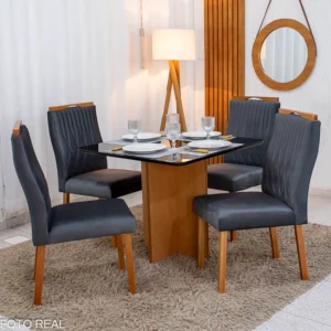 Mesa de Jantar Moscou 90x90 Vidro Preto/Base Cinamomo - Minas Plac + 4 Cad. Genova Veludo Cinza 507 Madeira Art Assentos