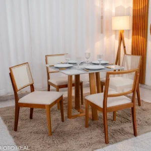 Mesa de Jantar Pedro 90x90 Vidro Off/Base Madeira + 4 Cad. Dubai Linho Bege 629 Madeira Maciça - Art Assento