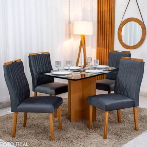 Mesa de Jantar Moscou 120x80 Vidro Preto/Base Cinamomo - Minas Plac + 4 Cad. Genova Veludo Cinza 507 Madeira Art Assentos