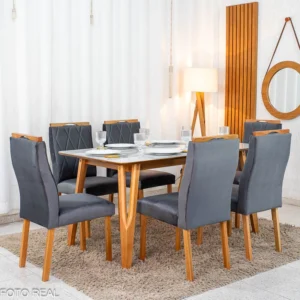 Mesa de Jantar Siena 160x90 Vidro Off/Base Madeira + 6 Cad. Lisboa Veludo Cinza 507 Madeira Art Assento