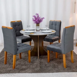 Mesa de Jantar Siena Redonda 100cm Vidro Off/Base Cinamomo + 4 Cad. Londres Veludo Chumbo Madeira Minas Plac