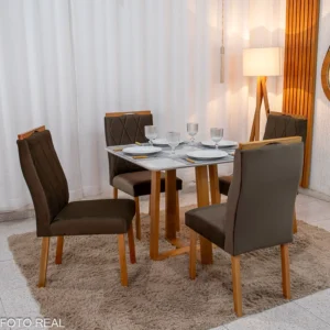 Mesa de Jantar Pedro 90x90 Vidro Off/Base Madeira + 4 Cad. Lisboa Veludo Marrom 509 Madeira Art Assento