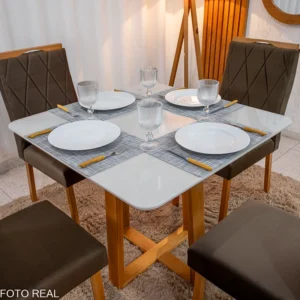 Alternative view of Mesa de Jantar Pedro 90x90 Vidro Off/Base Madeira + 4 Cad. Lisboa Veludo Marrom 509 Madeira Art Assento