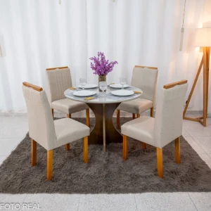 Mesa de Jantar Siena Redonda 100cm Vidro Off/Base Cinamomo + 4 Cad. Atlanta Linho Bege Cru Madeira Minas Plac