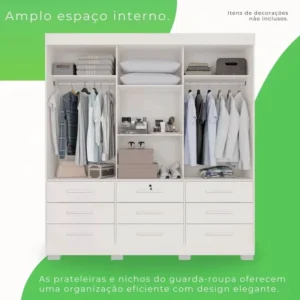 Alternative view of Roupeiro Casal Athenas Branco 3 Portas 9 Gavetas C/ Espelho e Pés 100% MDF Larg. 1.80m - Bianchi