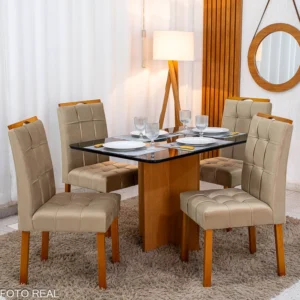 Mesa de Jantar Moscou 120x80 Vidro Preto/Base Cinamomo + 4 Cad. Londres Veludo Avelã Madeira Minas Plac