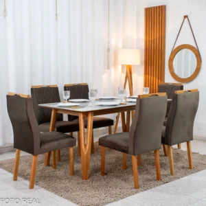 Mesa de Jantar Siena 160x90 Vidro Off/Base Madeira + 6 Cad. Lisboa Veludo Marrom 509 Madeira Art Assento