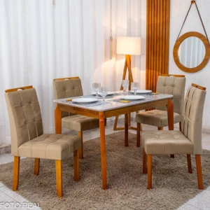 Mesa de Jantar Alegra Tampo Vidro Off 120×80 Madeira Maciça - JCM + 4 Cad. Londres Veludo Avelã Madeira Minas Plac