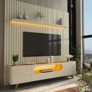 Rack Nobre Larg. 2.10m Off/Naturale + Painel Nobre Larg. 2.30m Off Ripado C/ Led 100% MDF para TV até 85" - Gelius
