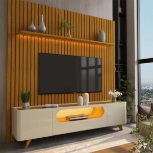 Rack Nobre Larg. 2.10m Off/Naturale + Painel Nobre Larg. 2.30m Naturale Ripado C/ Led 100% MDF TV até 85"- Gelius