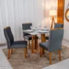 Mesa de Jantar Pedro 90×90 Vidro Off/Base Madeira + 4 Cad. Lisboa Veludo Cinza 507 Madeira Art Assento