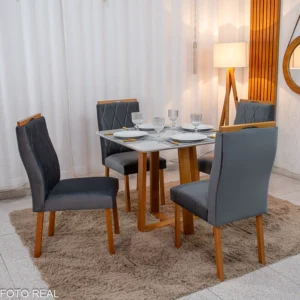 Mesa de Jantar Pedro 90×90 Vidro Off/Base Madeira + 4 Cad. Lisboa Veludo Cinza 507 Madeira Art Assento