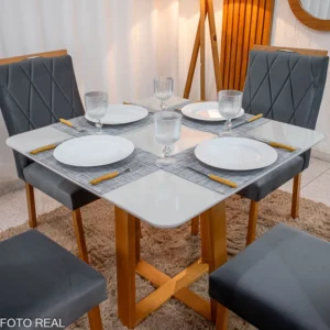 Alternative view of Mesa de Jantar Pedro 90×90 Vidro Off/Base Madeira + 4 Cad. Lisboa Veludo Cinza 507 Madeira Art Assento