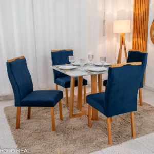 Mesa de Jantar Pedro 90x90 Vidro Off/Base Madeira + 4 Cad. Lisboa Veludo Azul 503 Madeira Art Assento