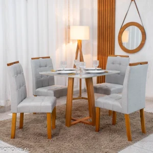 Mesa de Jantar Bali 90×90 Vidro Off/Base Madeira + 4 Cad. Londres Linho Prata Madeira Minas Plac