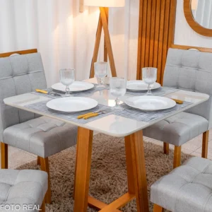 Alternative view of Mesa de Jantar Bali 90×90 Vidro Off/Base Madeira + 4 Cad. Londres Linho Prata Madeira Minas Plac