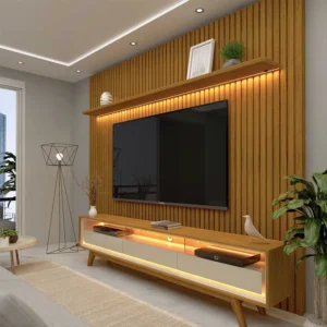 Rack Requinte Larg. 2.12m Naturale/off + Painel Nobre Larg. 2.30m Naturale Ripado C/ Led 100% MDF TV até 85" - Gelius
