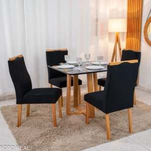 Mesa de Jantar Pedro 90x90 Vidro Preto/Base Madeira + 4 Cad. Lisboa Veludo Preto 504 Madeira Art Assento