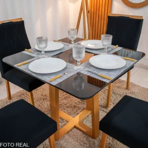 Alternative view of Mesa de Jantar Pedro 90x90 Vidro Preto/Base Madeira + 4 Cad. Lisboa Veludo Preto 504 Madeira Art Assento