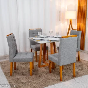 Mesa de Jantar Bali 90×90 Vidro Off/Base Madeira + 4 Cad. Londres Linho Cinza Madeira Minas Plac