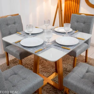 Alternative view of Mesa de Jantar Bali 90×90 Vidro Off/Base Madeira + 4 Cad. Londres Linho Cinza Madeira Minas Plac