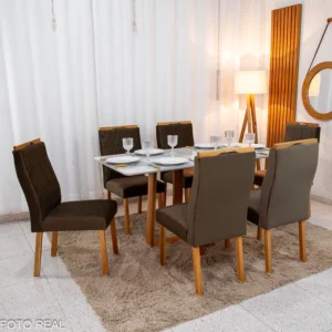 Mesa de Jantar Pedro 160×80 Vidro Off/Base Madeira + 6 Cad. Lisboa Veludo Marrom 509 Madeira Art Assento