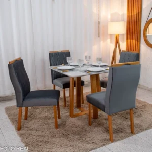 Mesa de Jantar Bali 90x90 Vidro Off/Base Madeira Minas Plac + 4 Cad. Lisboa Veludo Cinza 507 Madeira Art Assento